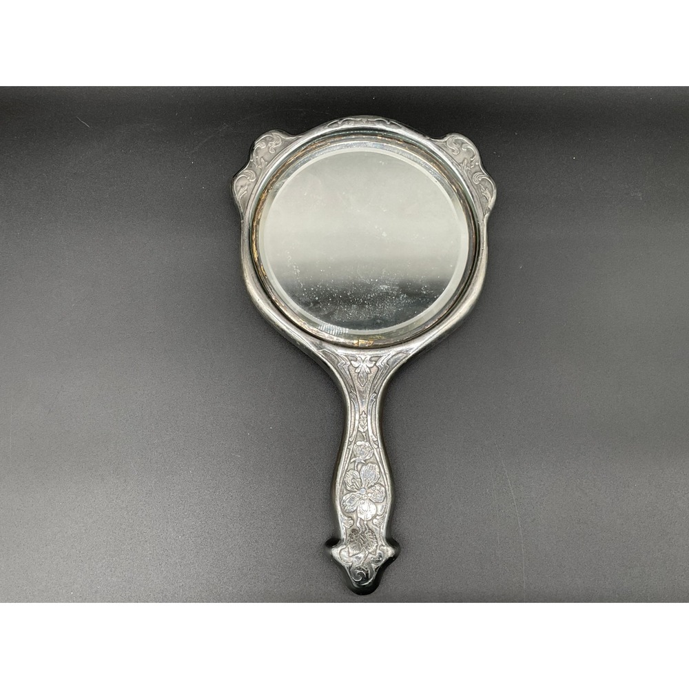 Antique Derby Silver Co‎ Hand Mirror Floral Repousse Silverplate Vanity Decor